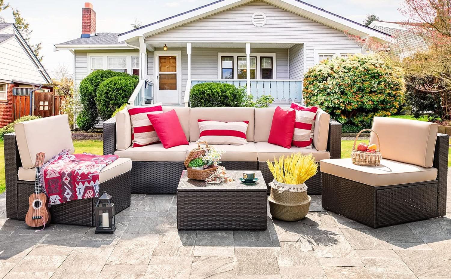 Outdoor Wicker Sectional Sofa Set with Coffee Table - Tan/Brown