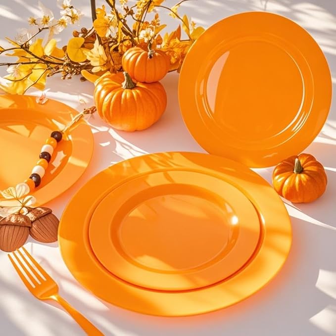 Set of 60 Heavy Duty Orange Plastic Plates Disposable for Halloween & Thanksgiving Parties - Serves 30 Guests