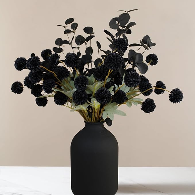 Set of 10 Black Faux Silk Mum Balls + Black Eucalyptus Stems