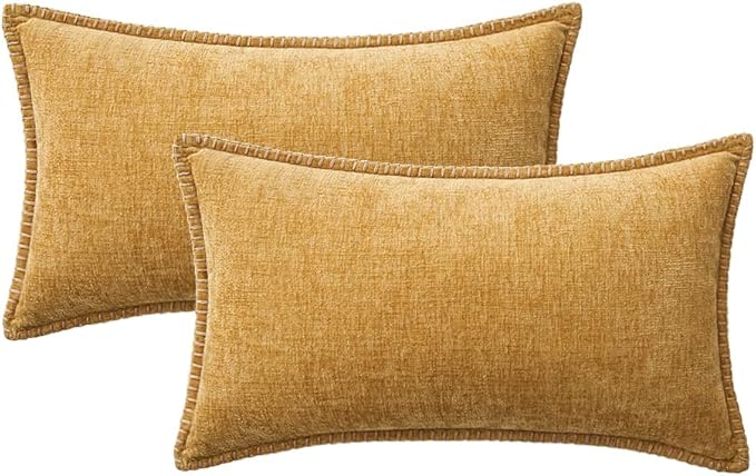 Set of 2 Stitched Edge Soft Chenille Pillow Covers - 12 x 20 inch, Gold