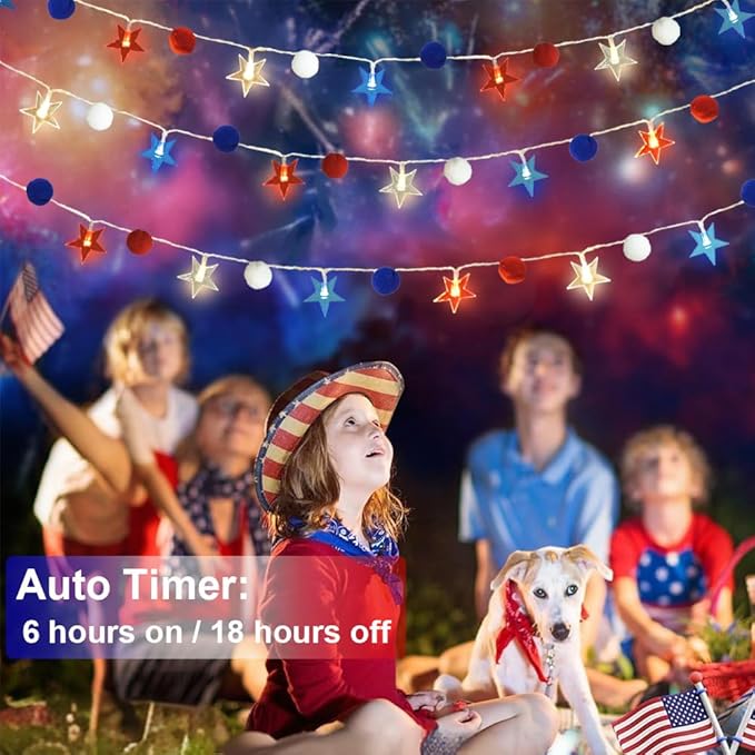 Red White and Blue Star/Pom Lights - Battery Operated