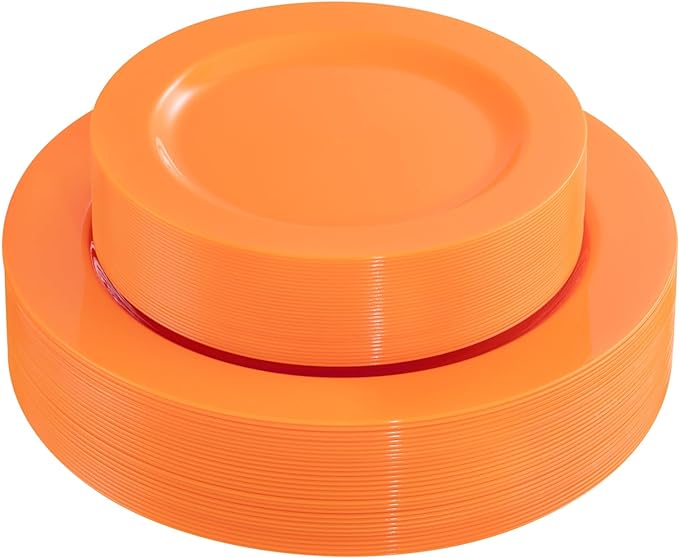 Set of 60 Heavy Duty Orange Plastic Plates Disposable for Halloween & Thanksgiving Parties - Serves 30 Guests