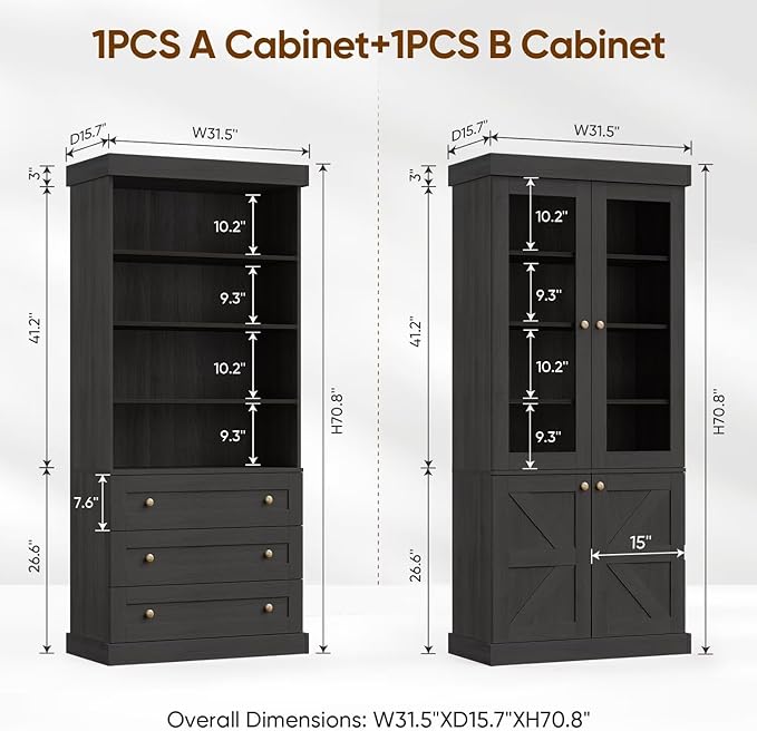 Tall Farmhouse Bookshelves with Glass Doors and Drawers, 2 Styles, Set of 4 – 2 of Each, Black