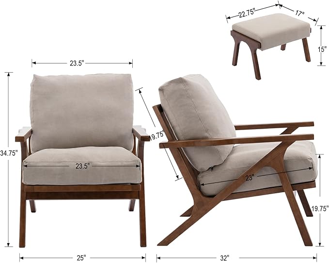 Wahson Mid Century Arm Chair and Ottoman Set in Beige