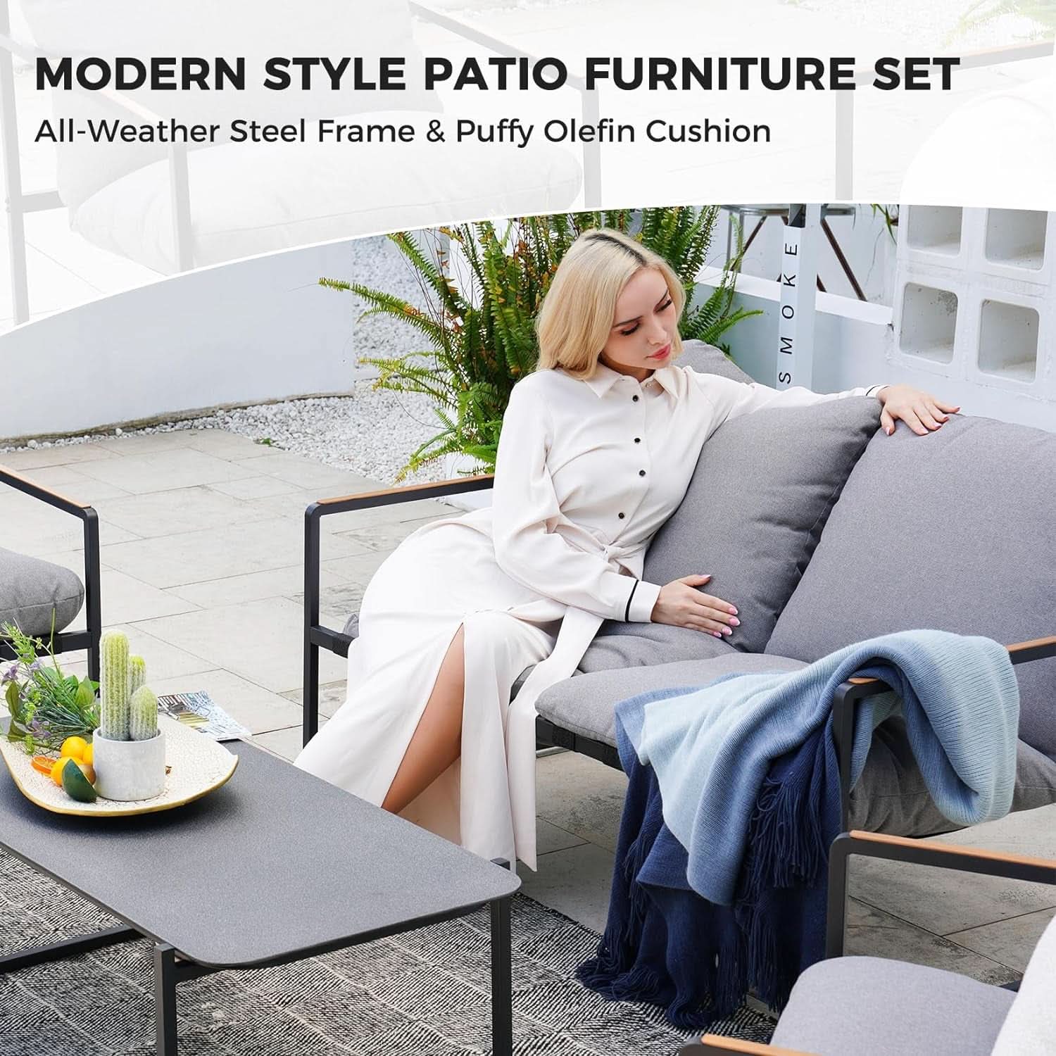 4 Piece Outdoor Slingback Furniture Set With Modern Metal Frames and Gray Cushions