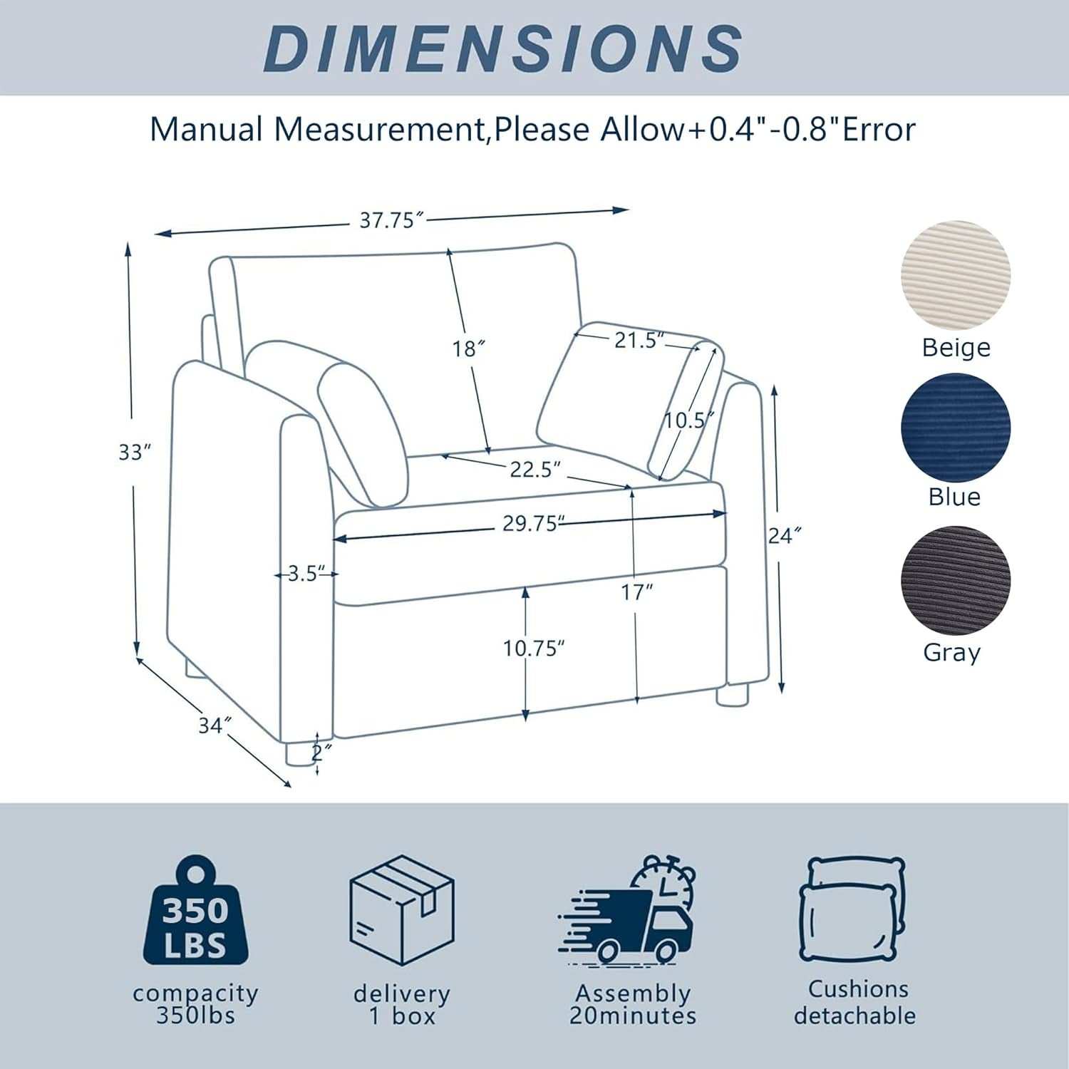 Beige 38 Inch Modern Upholstered Accent Reading Armchair