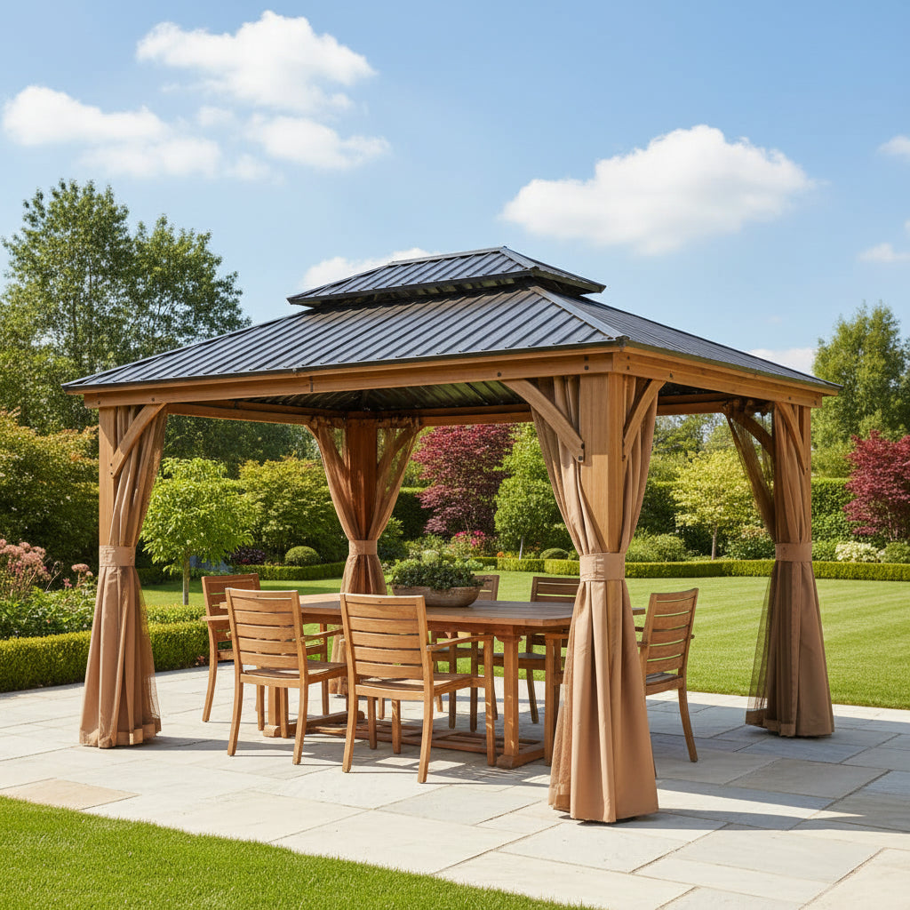 11x13 Wood Gazebo With Durable Galvanized Steel Roof And Curtains
