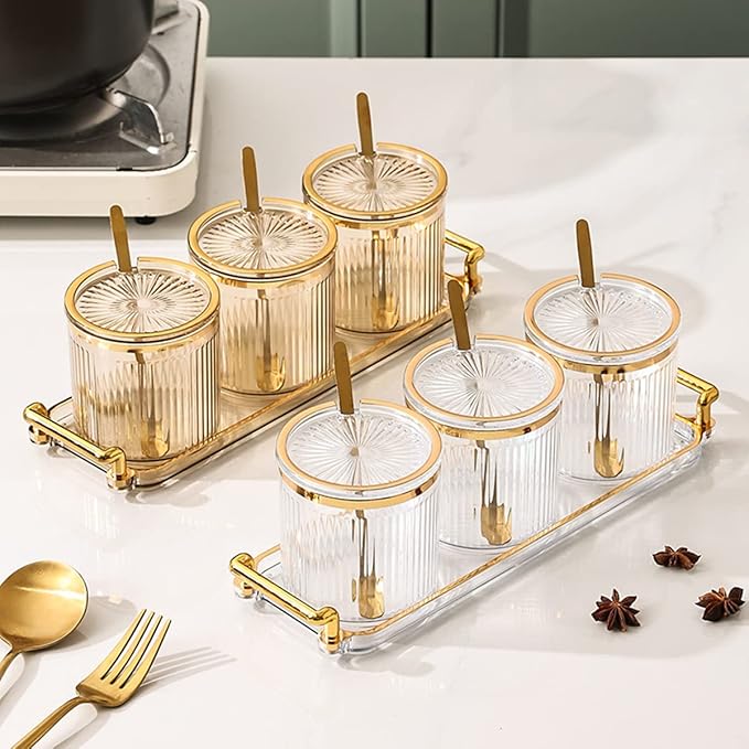 Acrylic Condiment Spice Jars with Lids, Spoons, Tray - Clear