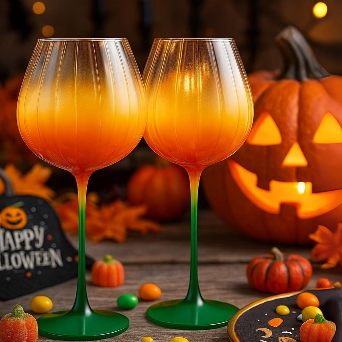 Pumpkin Lightweight Wine Glasses - Set of 2 Orange & Green