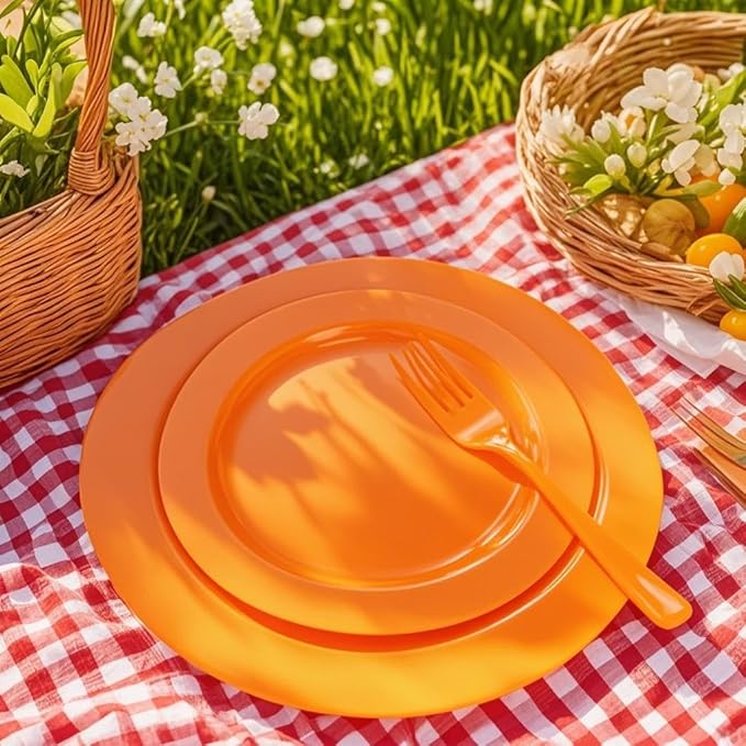 Set of 60 Heavy Duty Orange Plastic Plates Disposable for Halloween & Thanksgiving Parties - Serves 30 Guests