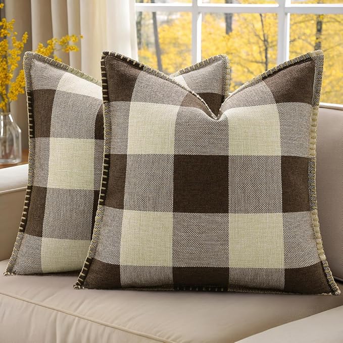 Set of 2 Buffalo Plaid Check Throw Pillow Covers - 22x22, Brown