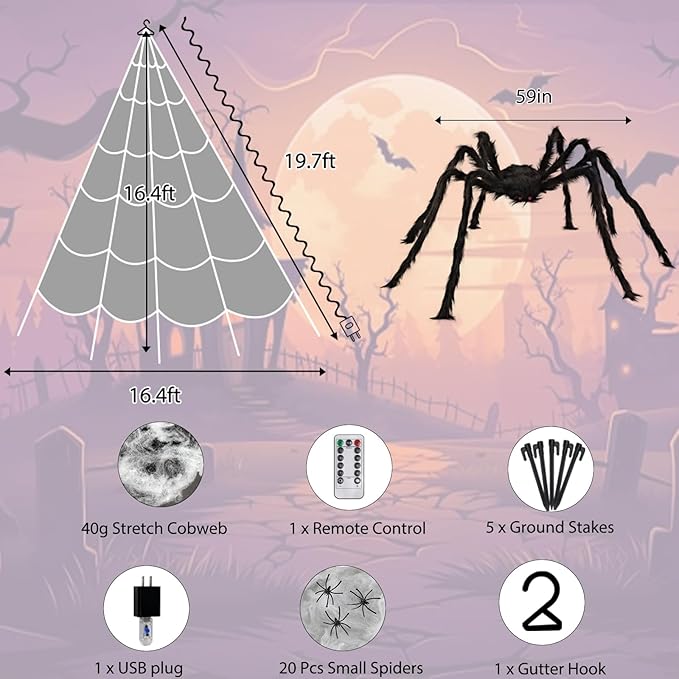 Halloween LED Lighted Spider Web - 16.4 ft Giant Halloween Decoration with 8 Lighting Modes, Orange & Purple