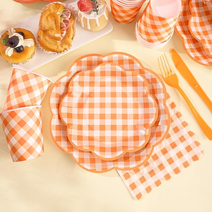 175 Pcs Orange and White Gingham Party Supplies - Serve 25 Guests