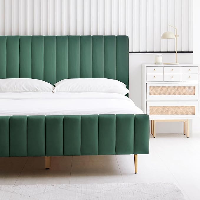 Livinia Queen Size Velvet Platform Bed in Green