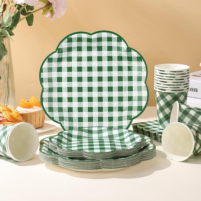 175 Pcs Green Gingham Plates and Napkins Party Supplies - Serve 25 Guests