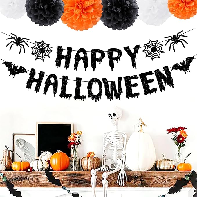 13 Piece Orange & Black Halloween Party Decorations - Banner + Poms
