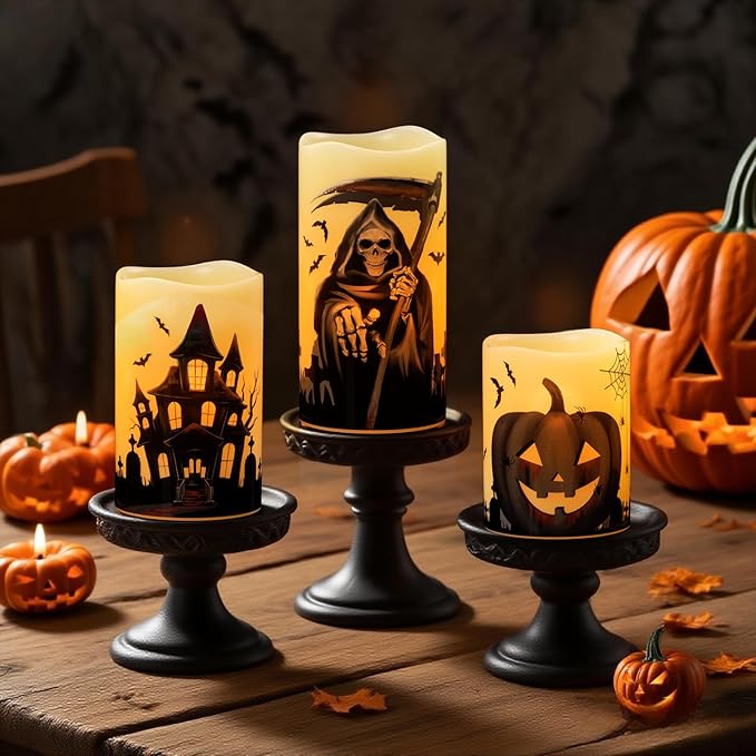 Set of 3 Halloween Flameless Flickering Candles with 6 Hour Timer - Grim Reaper/Haunted House/Pumpkin