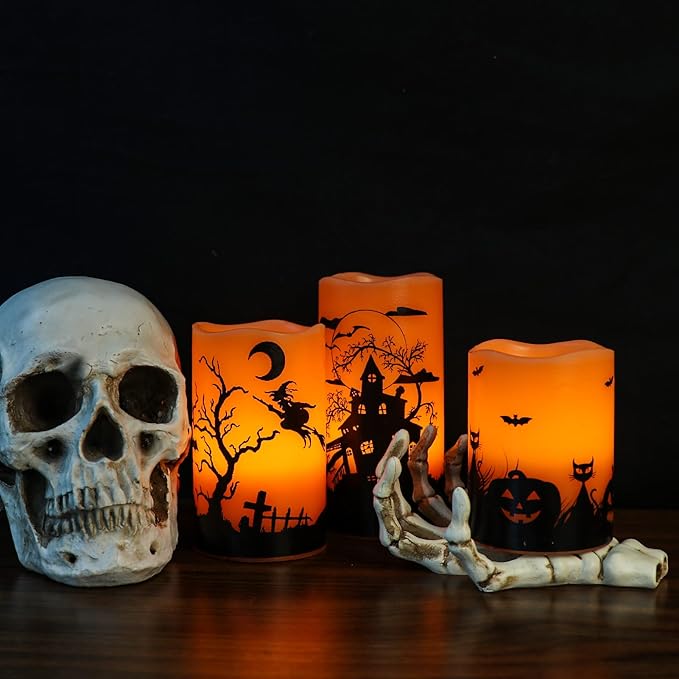 Flickering Flameless LED Candles with Timer - Set of 3, Halloween Scenes