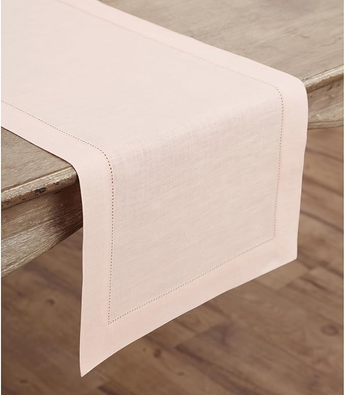 100% Pure Linen Hemstitch 14 x 90 Inch Table Runner - Pale Pink