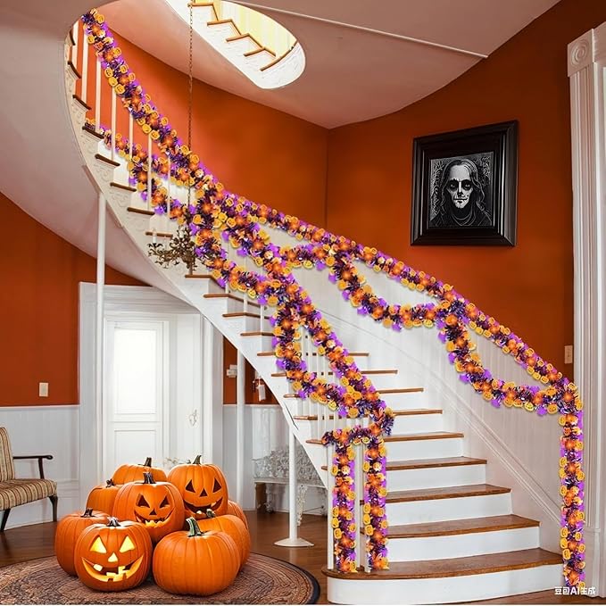 50 Ft Halloween Tinsel Garland - Pumpkins & Bats, Orange/Purple/Black