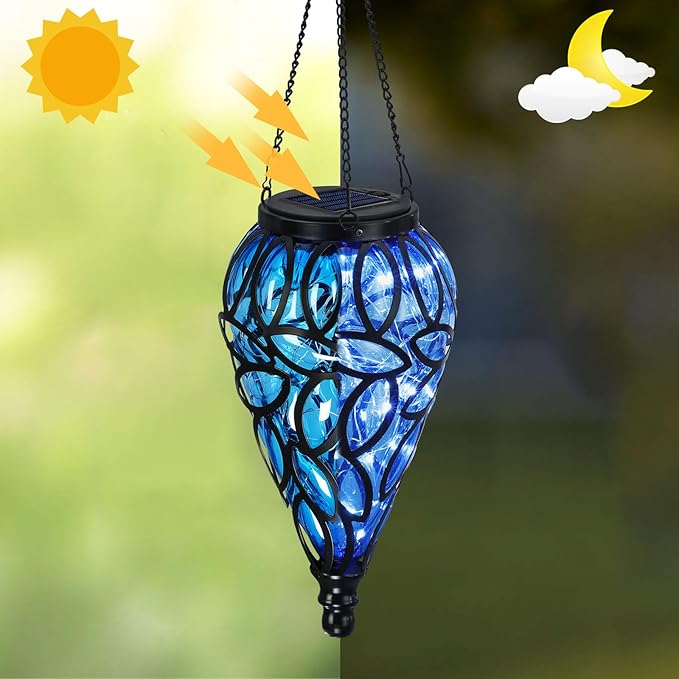 Outdoor Solar LED Hanging Lantern - Blue Teardrop