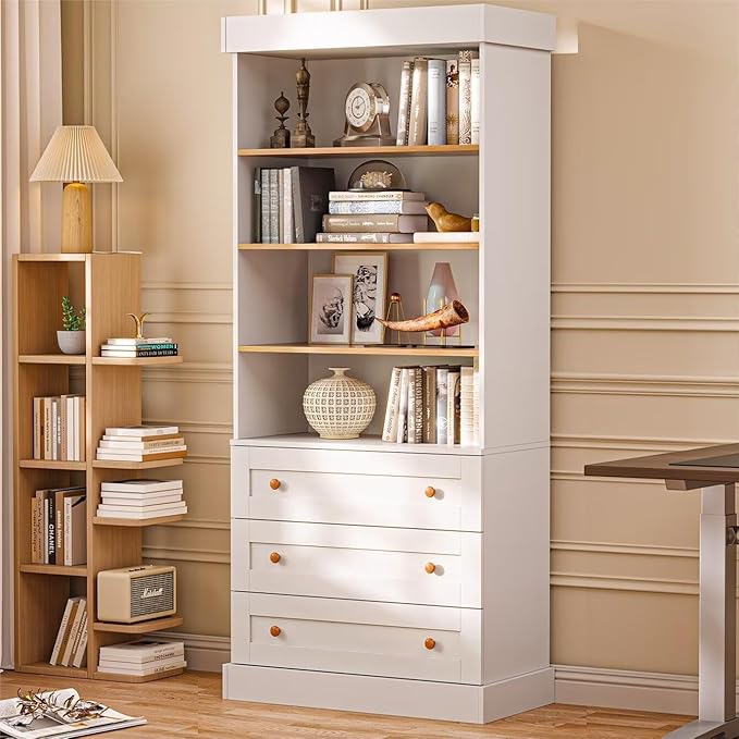 Tall Farmhouse Bookshelves with Drawers, Set of 3 – White