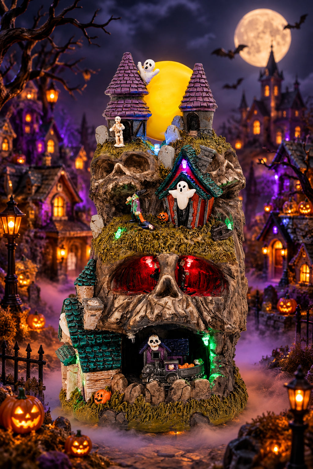 Skullstone Hollow Skull - Spooky Halloween Village - Multi-Color LED Lights, Animated Motion and Music - 7.75" x 7.5" x 13.5"