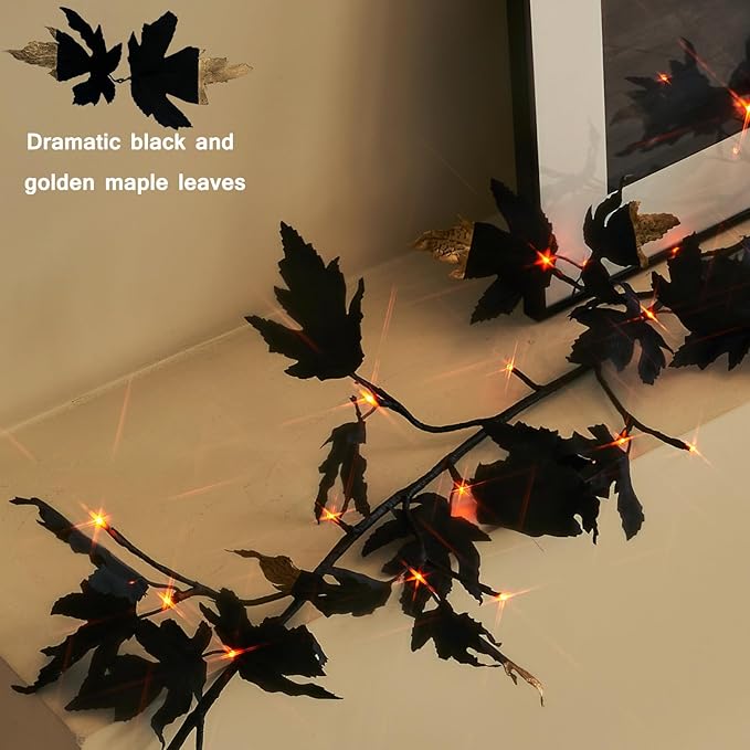 Halloween Black Maple Garland with Lights & Timer