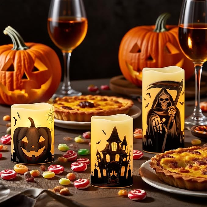 Set of 3 Halloween Flameless Flickering Candles with 6 Hour Timer - Grim Reaper/Haunted House/Pumpkin