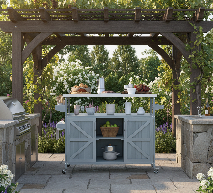 Outdoor Kitchen Island with Internal Storage Rack, Spice & Towel Rack - Robin Blue