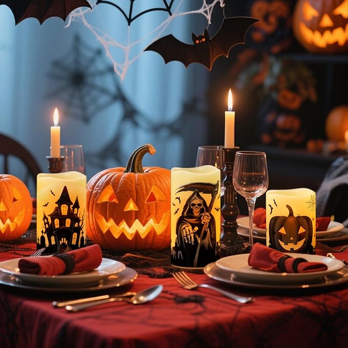 Set of 3 Halloween Flameless Flickering Candles with 6 Hour Timer - Grim Reaper/Haunted House/Pumpkin