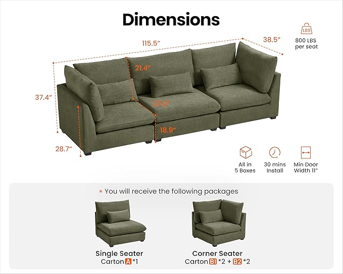 Extra Deep Cloud Chenille Modular Sectional in Olive Green
