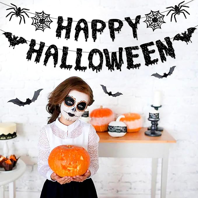 13 Piece Orange & Black Halloween Party Decorations - Banner + Poms
