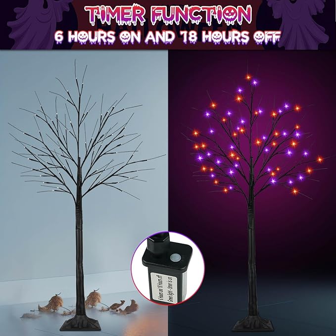 Set of 2 LED Black Trees with Purple and Orange Lights - 5 Ft