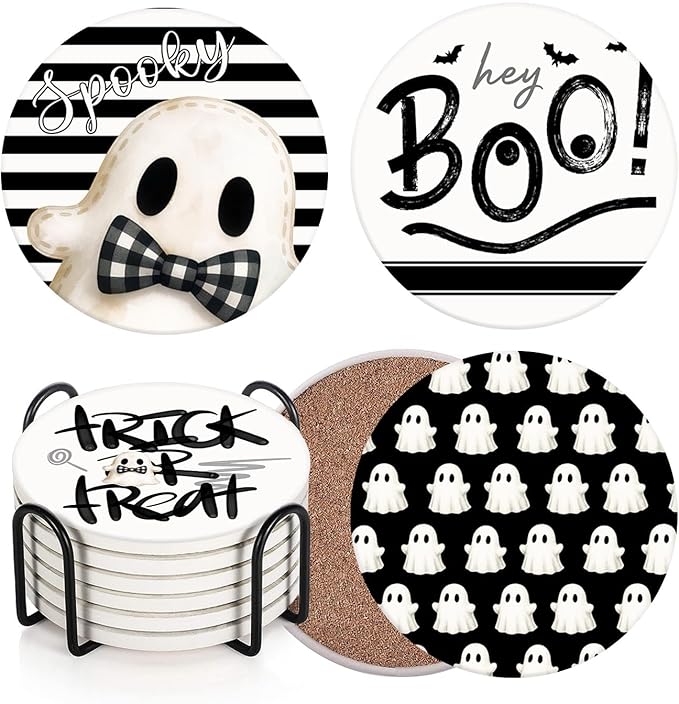 Set of 6 Halloween Hey Boo Black & White Ceramic Stone Drink Coasters with Cork Base and Metal Holder