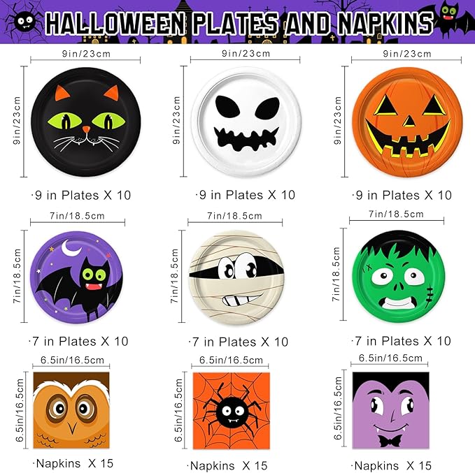 105 Piece Assorted Halloween Paper Plates & Napkins - Serves 30