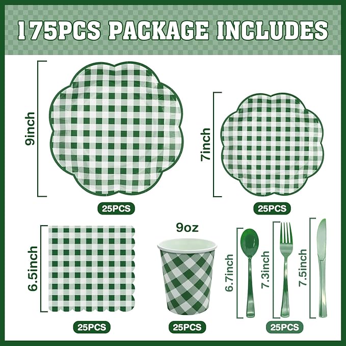 175 Pcs Green Gingham Plates and Napkins Party Supplies - Serve 25 Guests