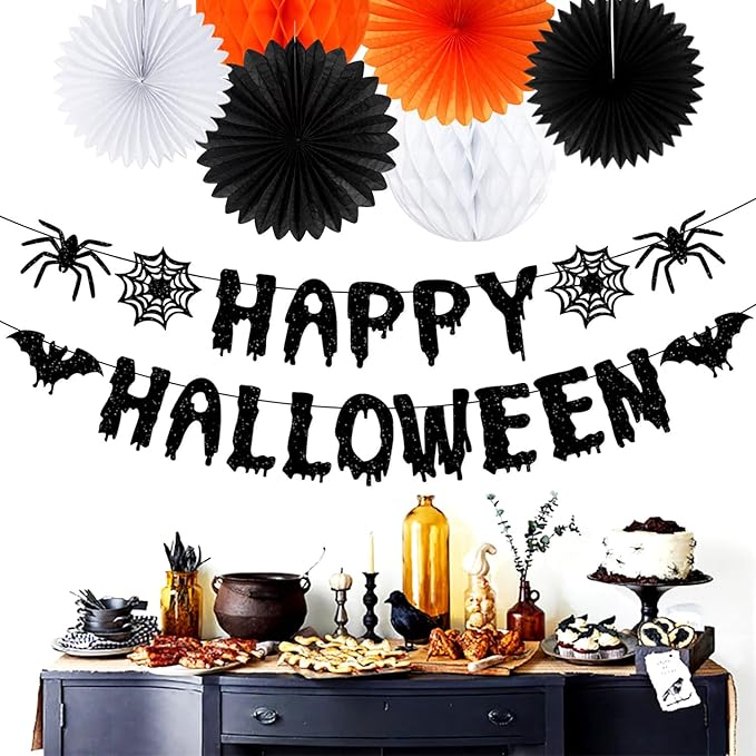 13 Piece Orange & Black Halloween Party Decorations - Banner + Poms