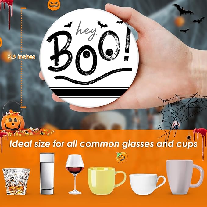 Set of 6 Halloween Hey Boo Black & White Ceramic Stone Drink Coasters with Cork Base and Metal Holder