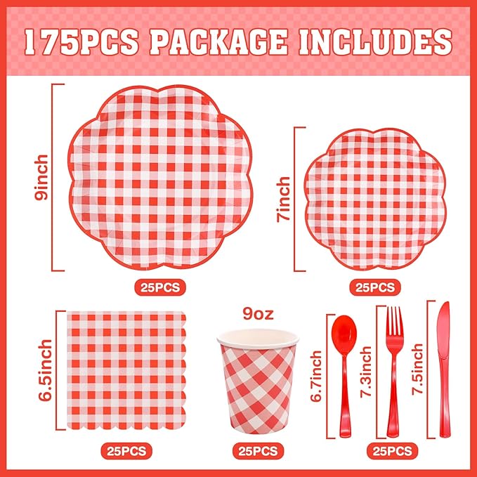 175 Pcs Red Gingham Plates and Napkins Party Supplies - Serve 25 Guests