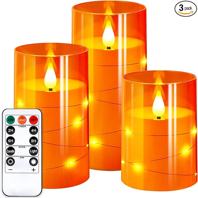 Set of 3 Flickering Flameless Candles with Remote Timer - Orange