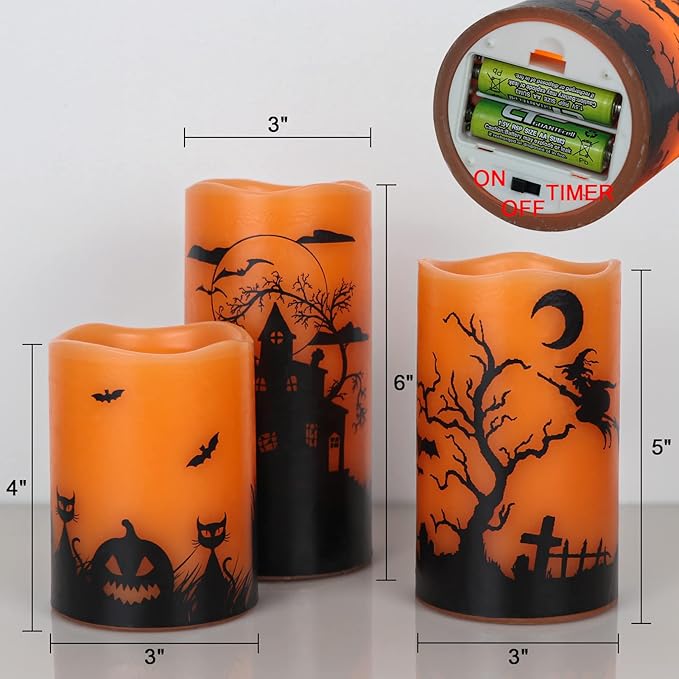 Flickering Flameless LED Candles with Timer - Set of 3, Halloween Scenes