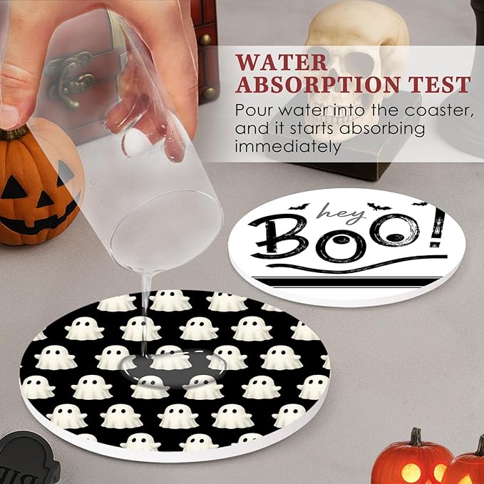 Set of 6 Halloween Hey Boo Black & White Ceramic Stone Drink Coasters with Cork Base and Metal Holder