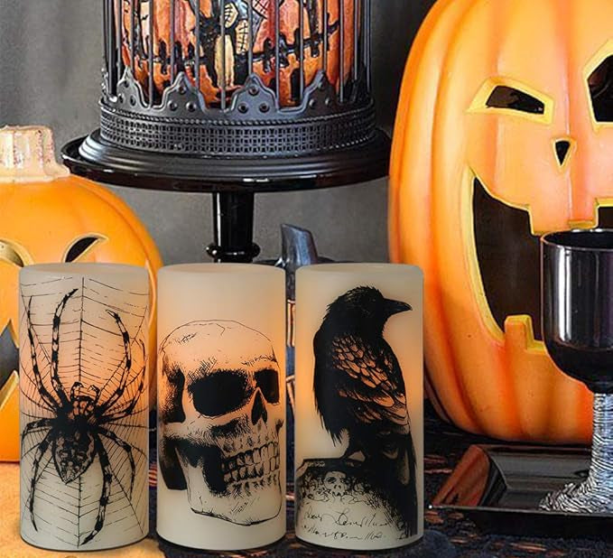 Set of 3 Halloween Flickering Flameless Candles - White
