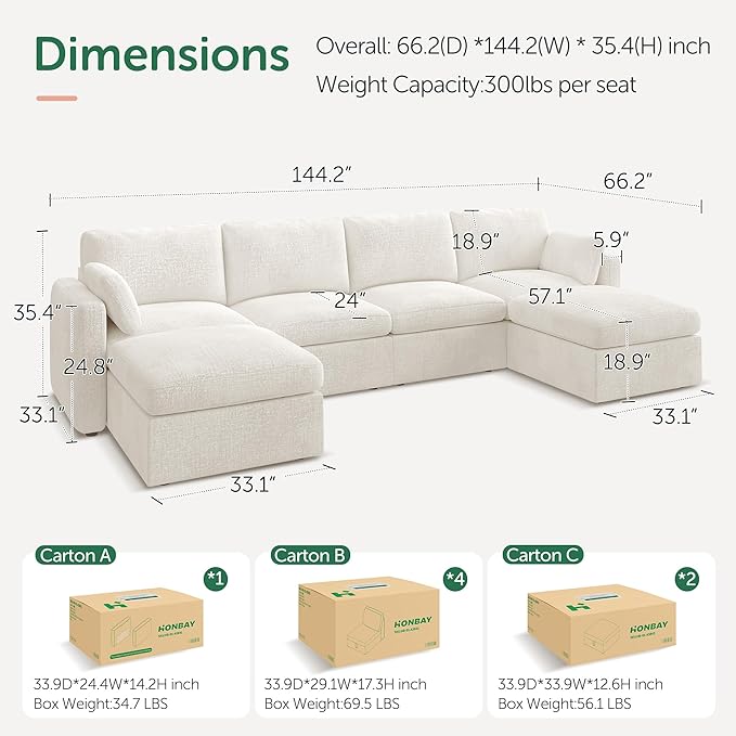 Modular Sectional Sofa with Storage Ottoman - Beige Chenille