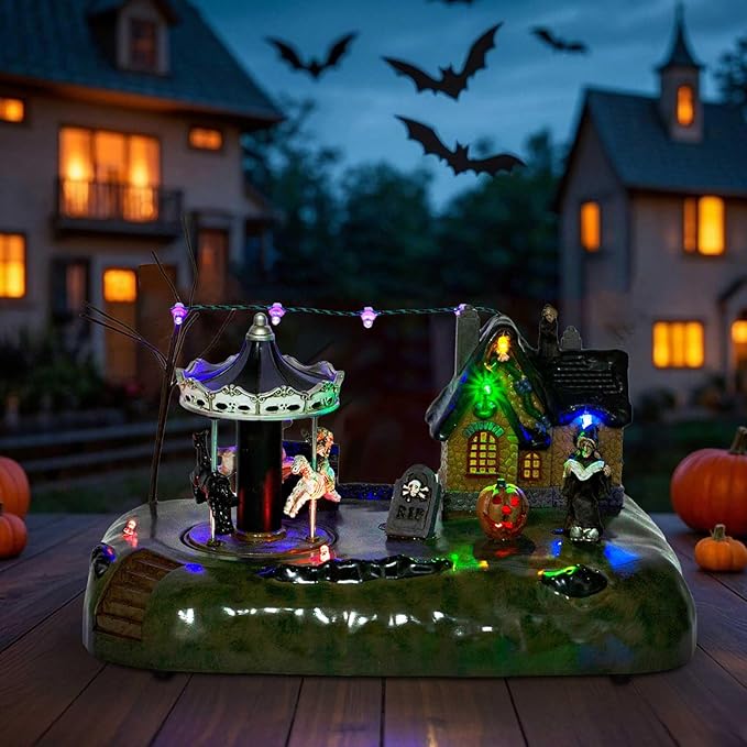 Animated Halloween Village House with Merry-Go-Round and LED Lights - Battery Operated