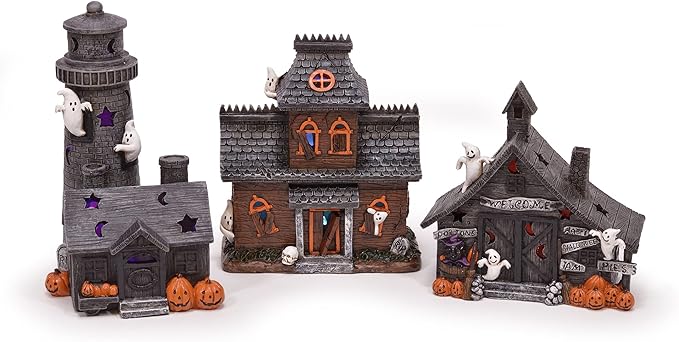 Mark Feldstein & Associates Spooky Halloween Village - Color-Changing Pre-Lit 3 Pc Set