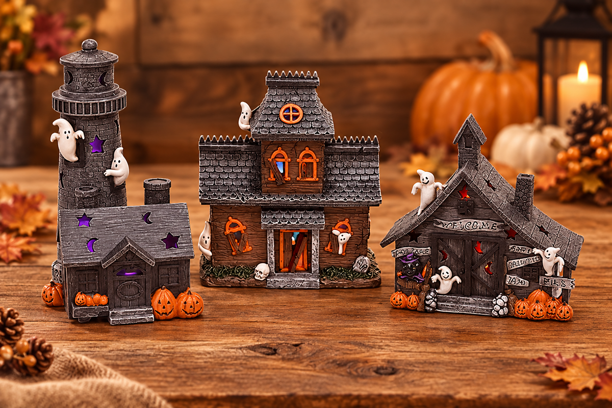 Mark Feldstein & Associates Spooky Halloween Village - Color-Changing Pre-Lit 3 Pc Set