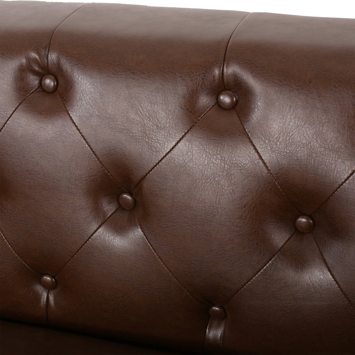 Contemporary 3-Seater Sofa with Tufted Diamond Stitch and Rolled Accent Pillows in Dark Brown Faux Leather