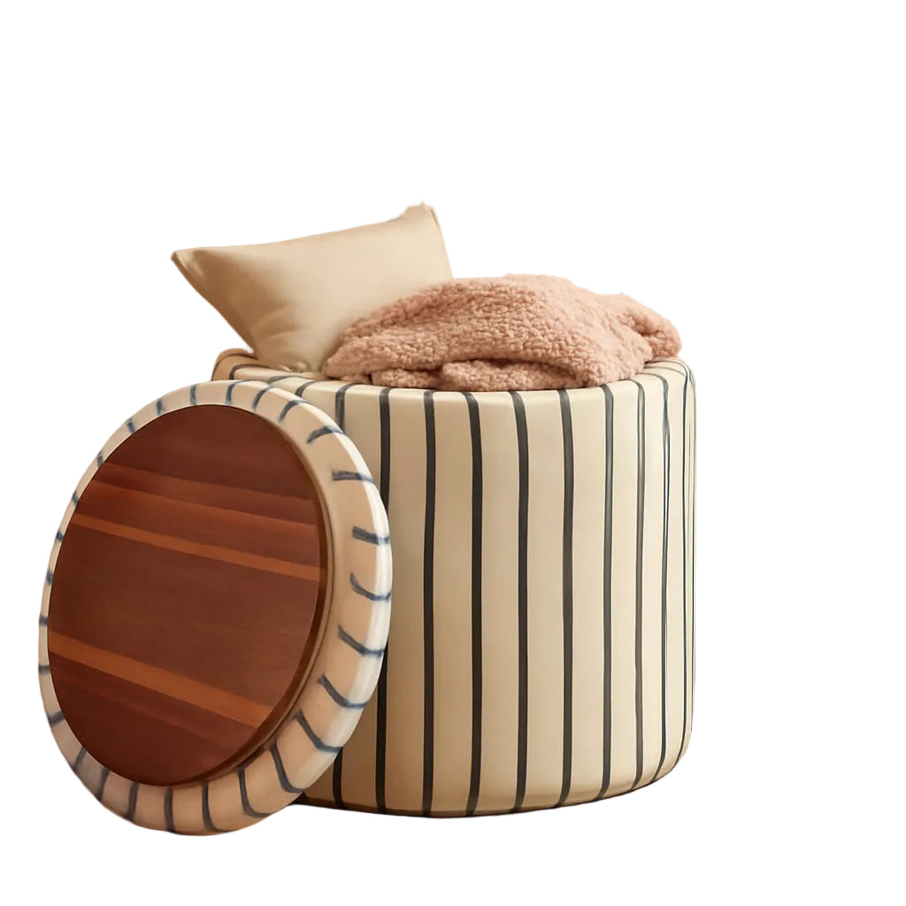 Striped Round Storage Ottoman With Removable Tray